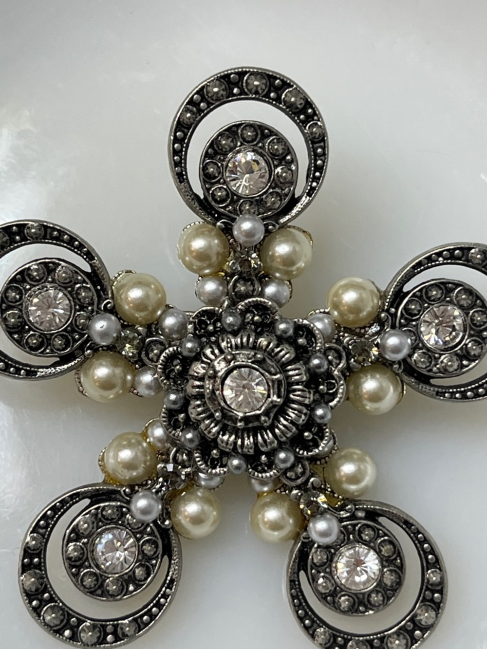 Vintage Silver Tone, Faux Pearl, and Rhinestone Floral Brooch - Picture 2 of 5